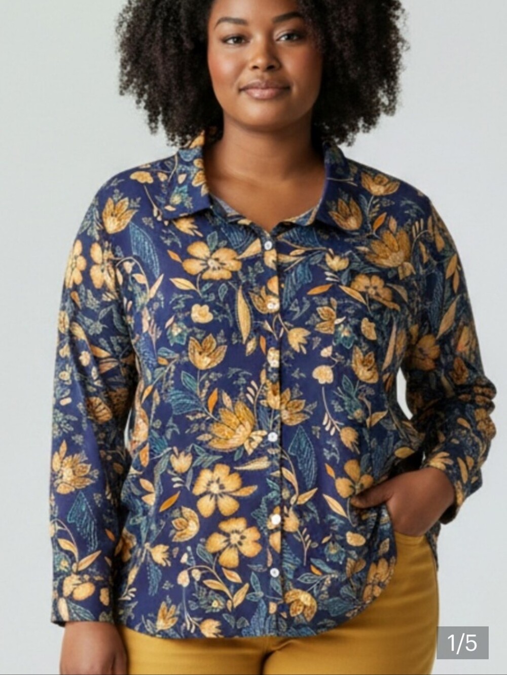 NEW Emily Wonder Navy Blue Floral Blouse Shirt Yellow Floral Print Ladys 1X PLUS